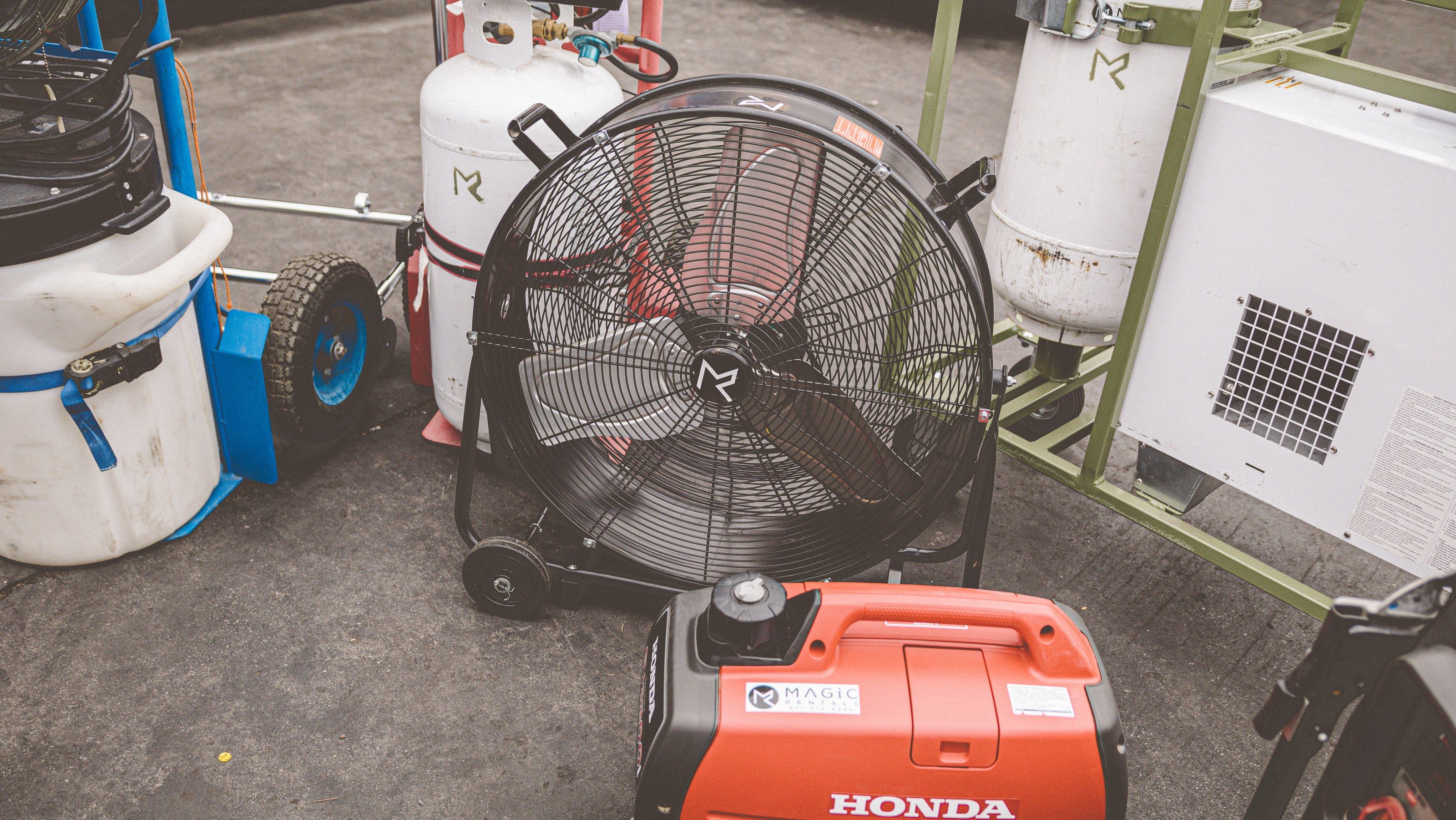 AC unit, drum fan and generator staged together