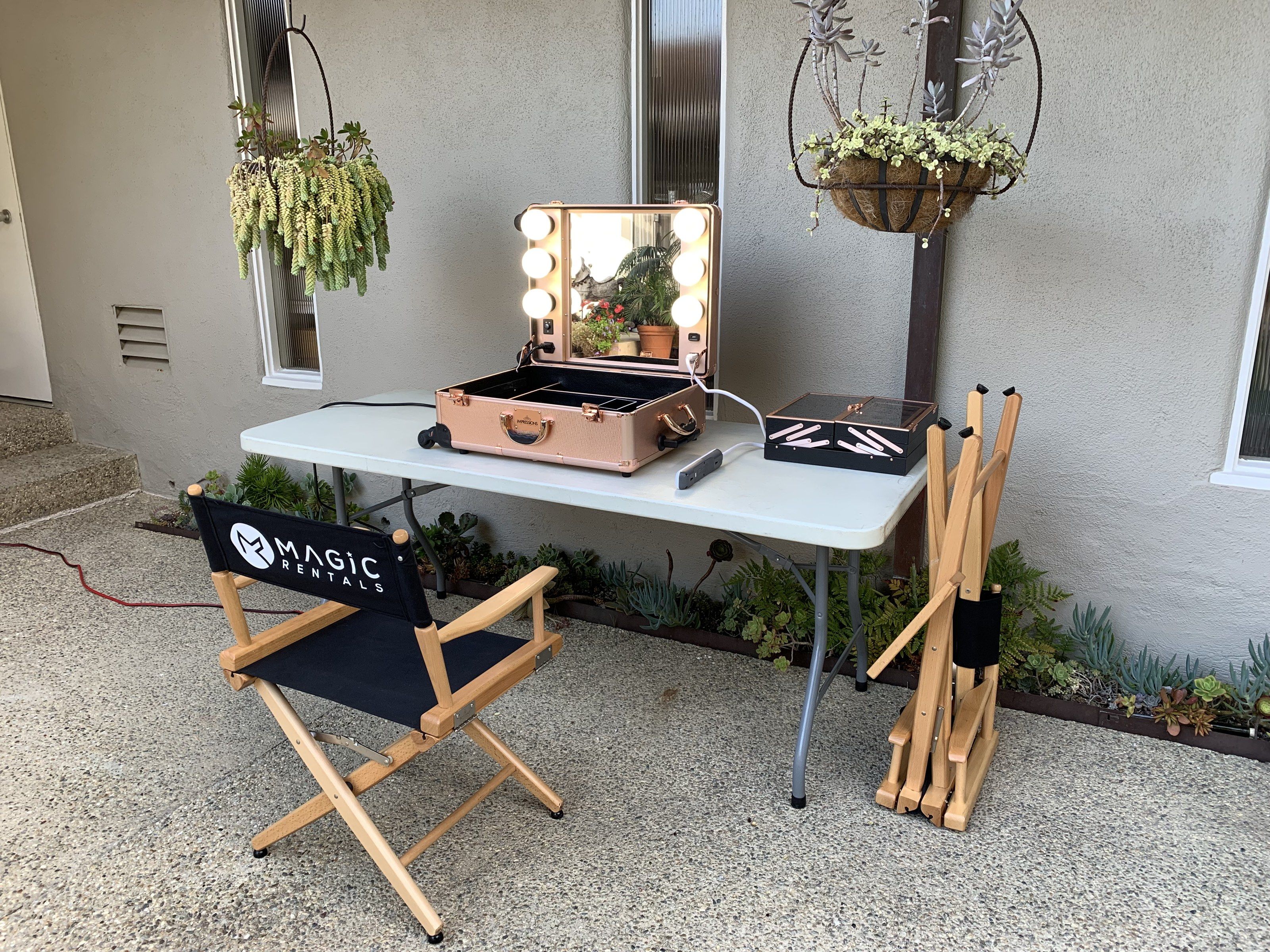 Single station with director chair on a patio